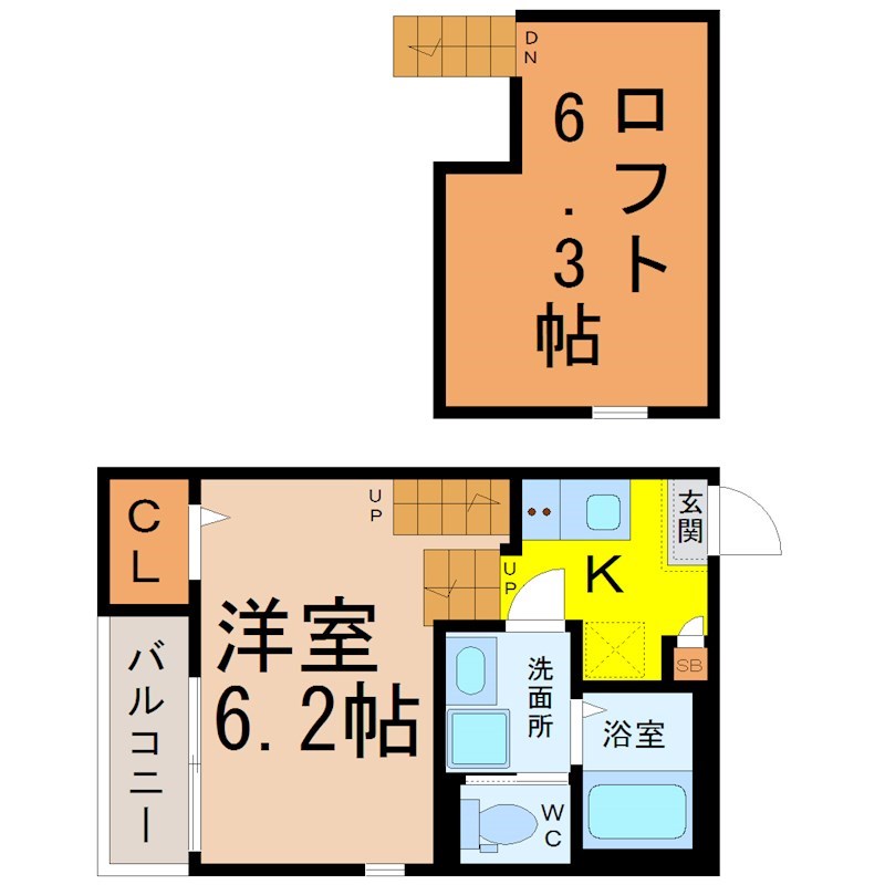 ロフトレジデンス新守山 間取図　洋室6.2帖　ロフト6.3帖　脱衣洗面所　バルコニー
