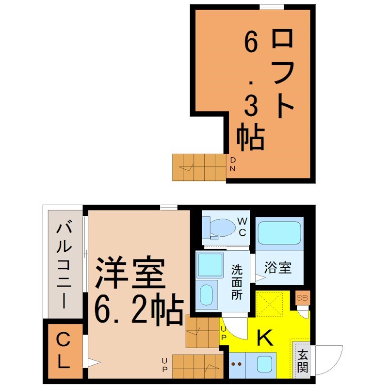 ロフトレジデンス新守山 間取図　洋室6.2帖　ロフト6.3帖　脱衣洗面所　バルコニー