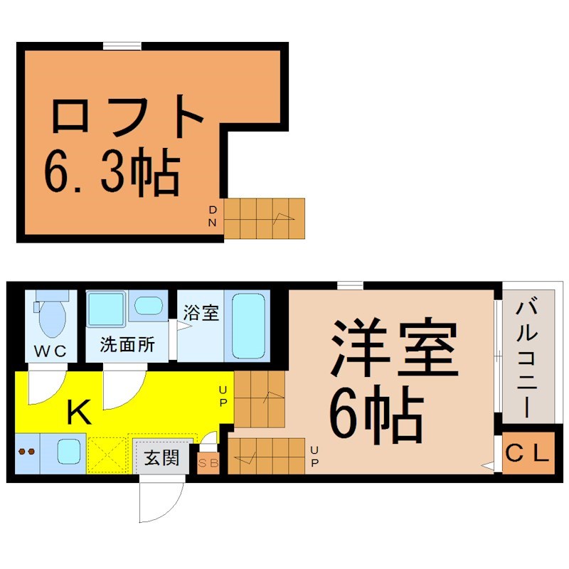 ロフトレジデンス新守山 間取図　洋室6帖　ロフト6.3帖　脱衣洗面所　バルコニー