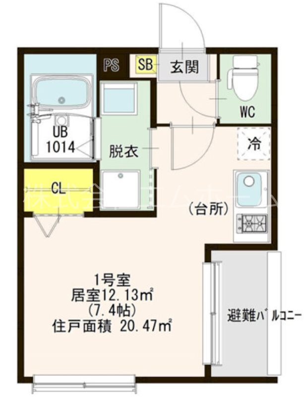 （仮称）ハーモニーテラス柳田町一丁目② 間取図　洋室7.4帖　脱衣洗面所　バルコニー