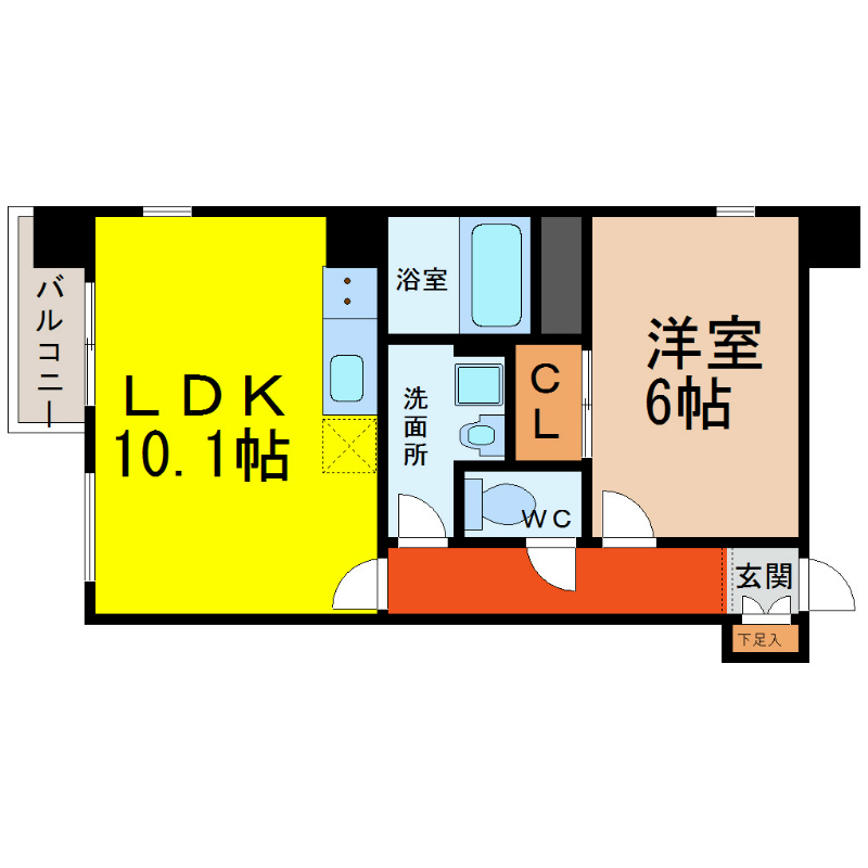 パラシオ 間取り　リビング10.1帖　洋室6帖　バルコニー