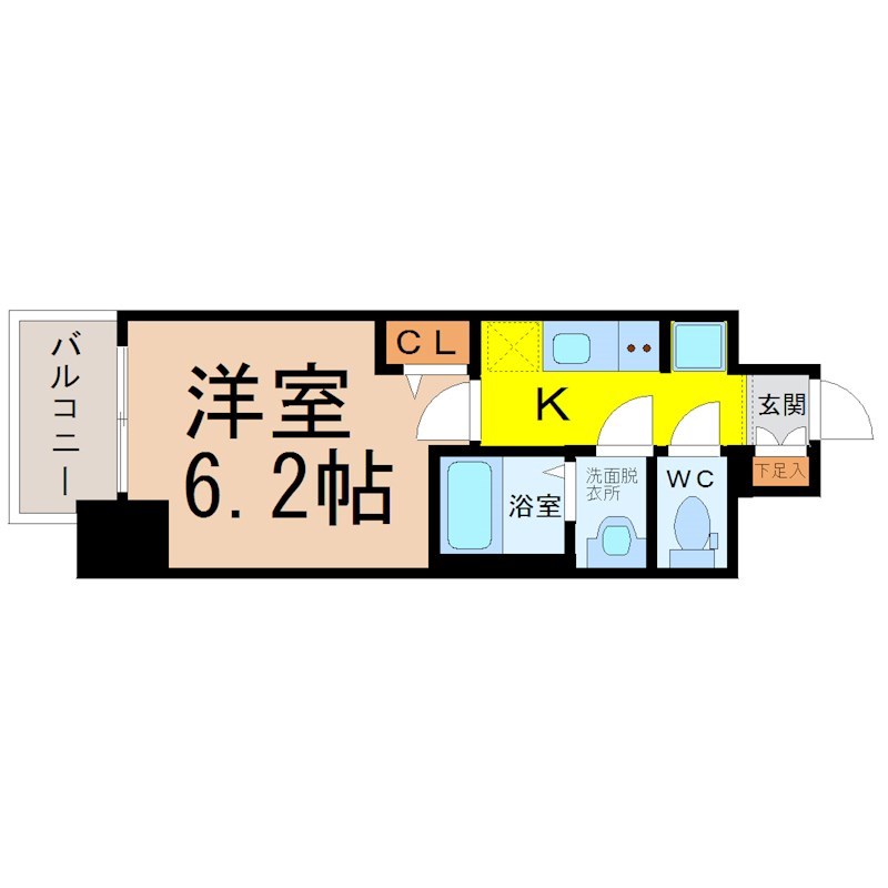 プレサンスＴＨＥ大須観音 間取図　洋室6.2帖　脱衣洗面所　バルコニー