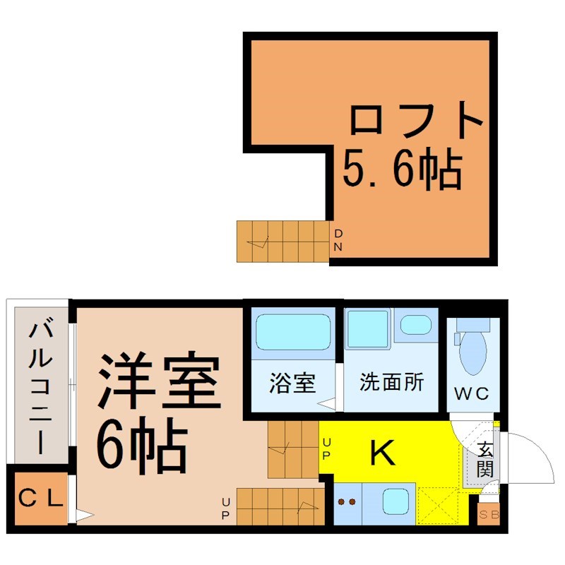 ハーモニーテラス曽根 間取図　洋室6帖　ロフト5.6帖　脱衣洗面所　バルコニー