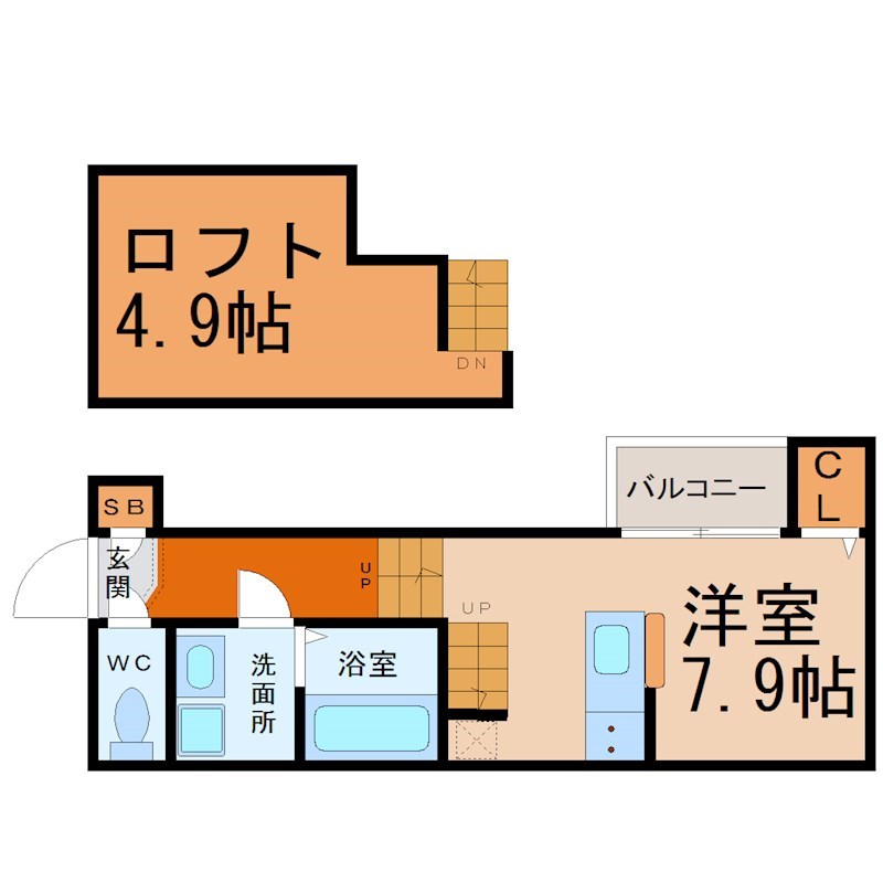 ブライトコート 間取図　洋室7.9帖　ロフト4.9帖　脱衣洗面所　バルコニー