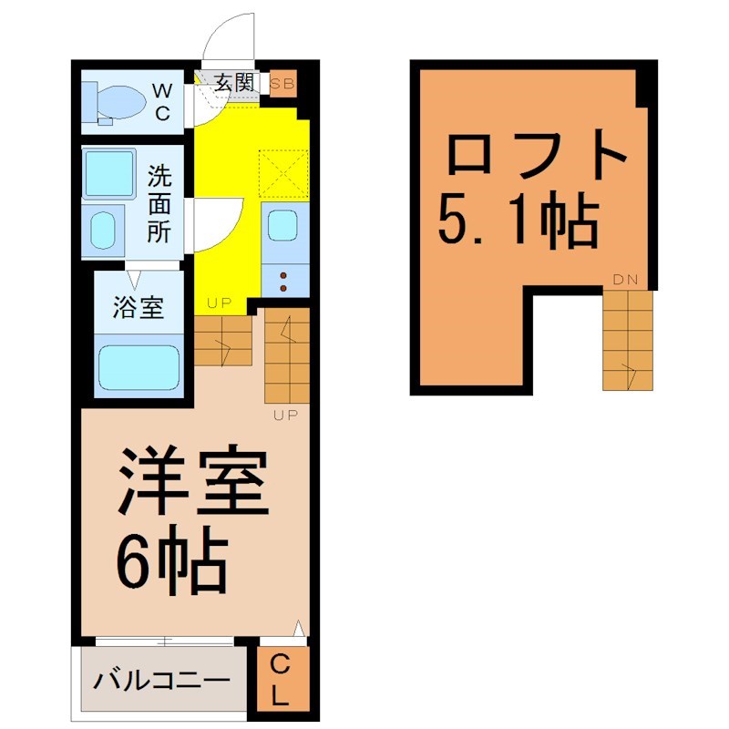 エール高畑 間取図　洋室6帖　ロフト5.1帖　脱衣洗面所　バルコニー