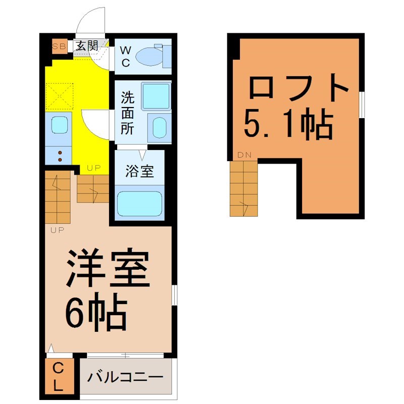 エール高畑 間取図　洋室6帖　ロフト5.1帖　脱衣洗面所　バルコニー