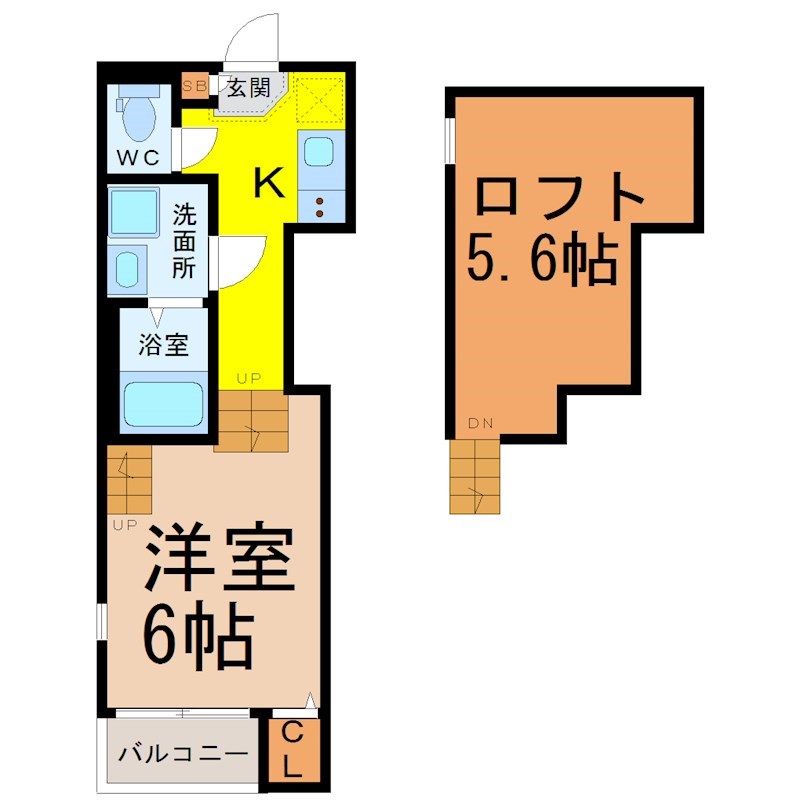 エール高畑 間取図　洋室6帖　ロフト5.6帖　脱衣洗面所　バルコニー