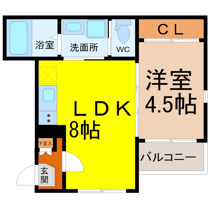 ロイヤルハウス明治 間取図　ＬＤＫ8帖　洋室4.5帖　脱衣洗面所　バルコニー