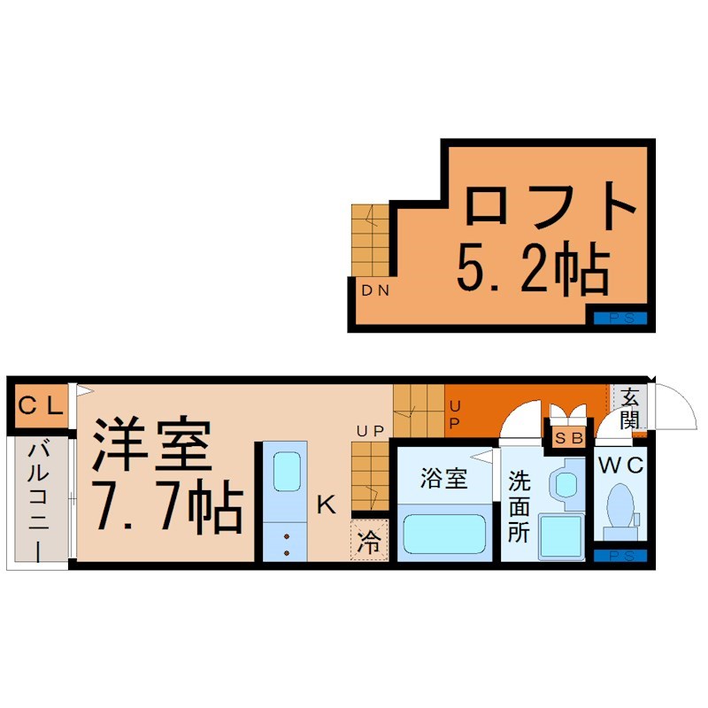 グレイスコート 間取図　洋室7.7帖　ロフト5.2帖　脱衣洗面所　バルコニー