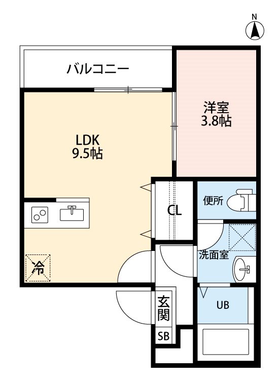 ＴＡ長筬町4丁目（ティーエー長筬町4丁目） 間取り　ＬＤＫ9.5帖　洋室3.8帖　脱衣洗面所　バルコニー