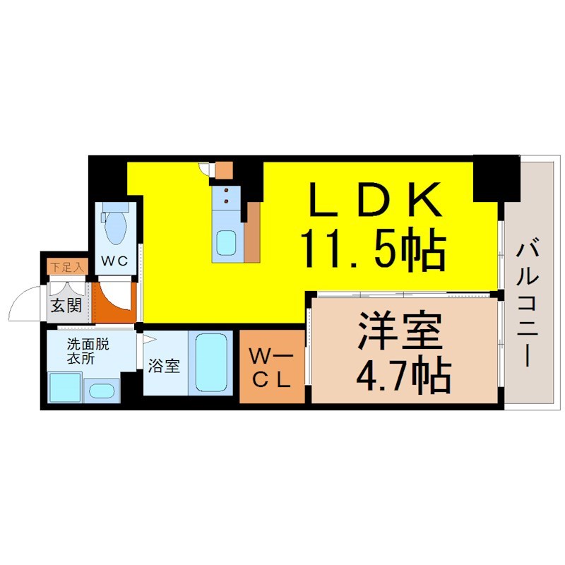 フェアモント千代田 間取図　ＬＤＫ11.5帖　洋室4.7帖　脱衣洗面所