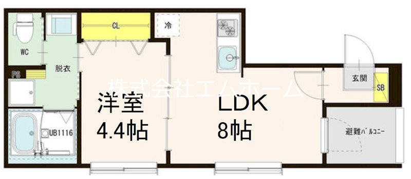 Ｈａｒｍｏｎｙ Ｖｅｒｄｅ 太閤通 間取図　ＬＤＫ8帖　洋室4.4帖　脱衣洗面所
