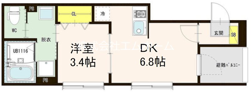 プルミエール白子町 間取図　ＤＫ6.8帖　洋室3.4帖　脱衣洗面所