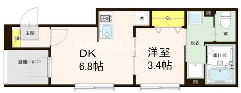 Ｈａｒｍｏｎｙ Ｖｅｒｄｅ 太閤通 間取図　ＤＫ6.8帖　洋室3.4帖　脱衣洗面所