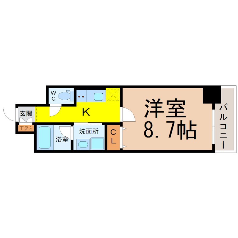 パークゲート栄白川 間取り　洋室8.7帖　脱衣洗面所　バルコニー