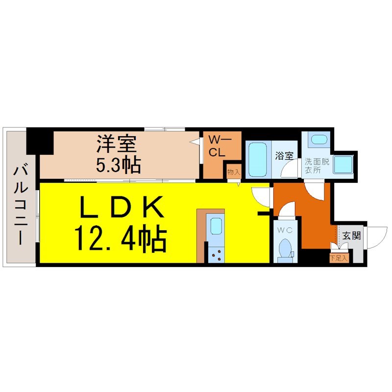 パークゲート栄白川 間取り　ＬＤＫ12.4帖　洋室5.3帖　脱衣洗面所