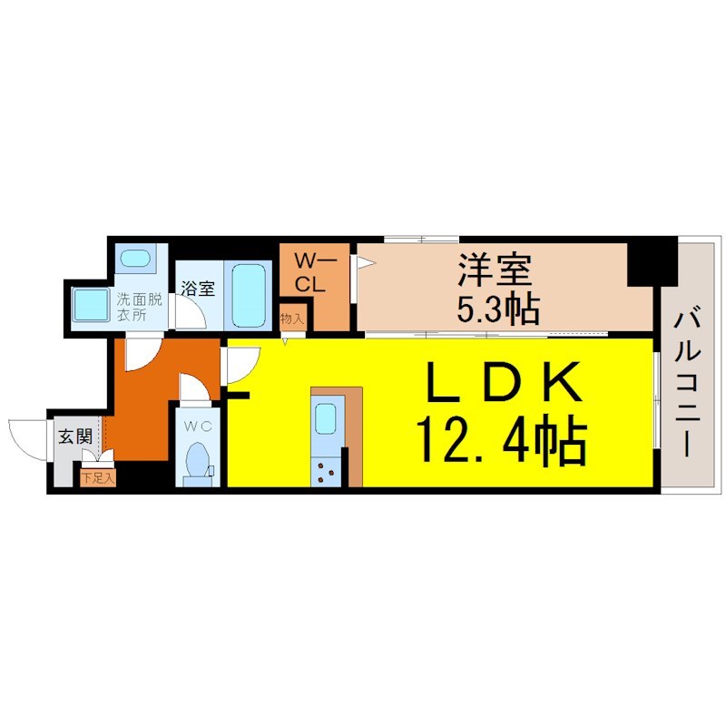 パークゲート栄白川 間取り　ＬＤＫ12.4帖　洋室5.3帖　脱衣洗面所