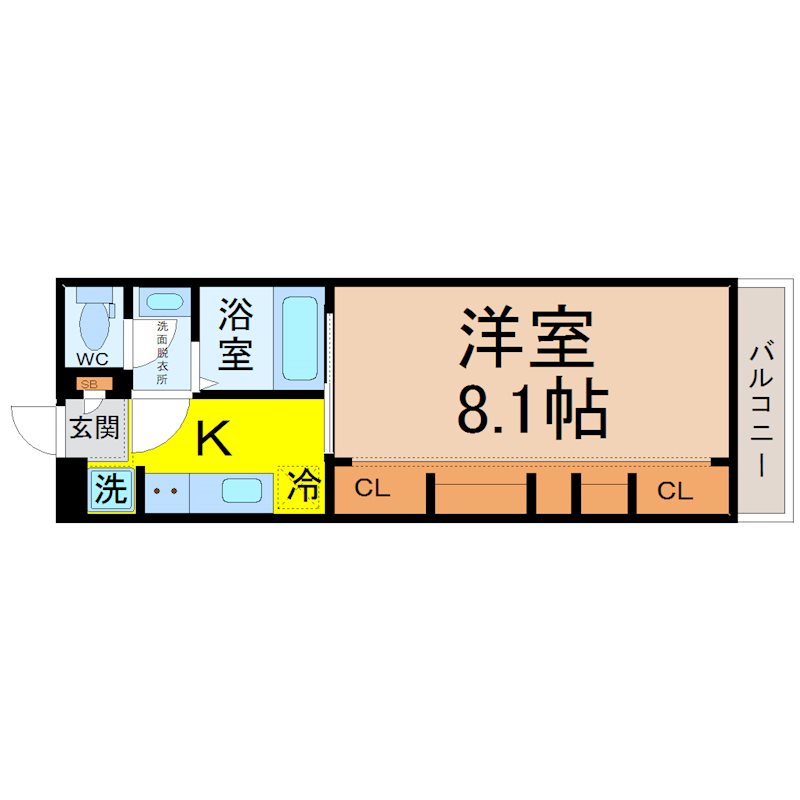 OHANA栄生 間取図　洋室8.1帖　脱衣洗面所　クローゼット付　バルコニー
