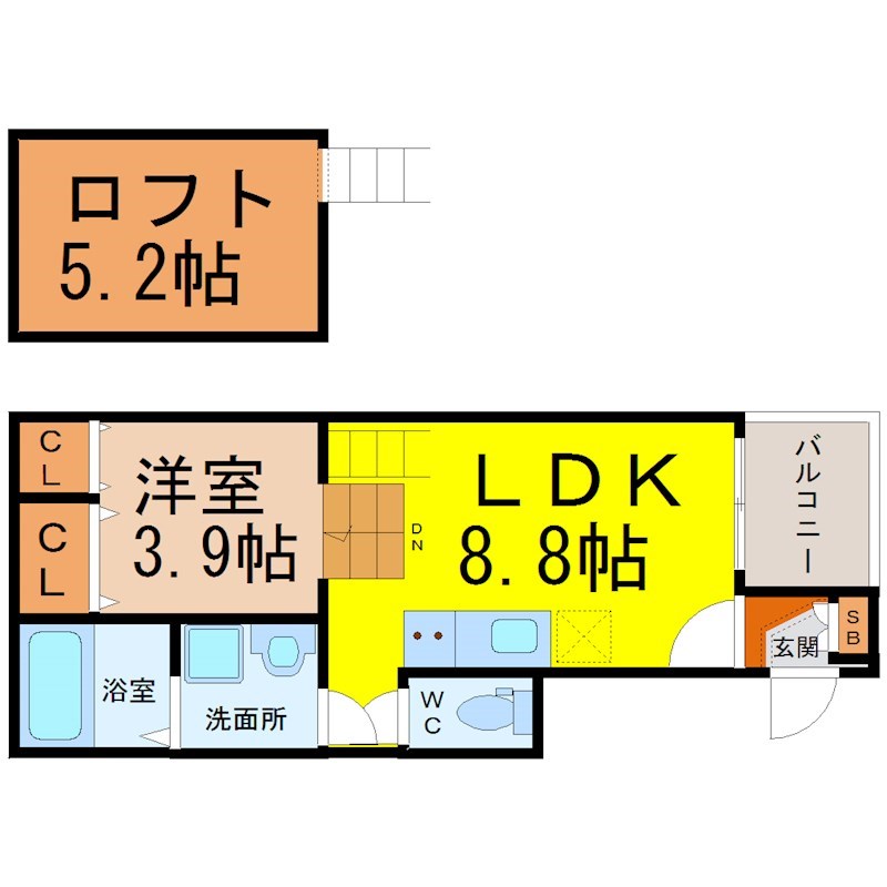ＳＡＩＳＯＮ ＮＯＵＶＥＬＬＥ（セゾンヌーヴェル） 間取図　ＬＤＫ8.8帖　洋室3.9帖　ロフト5.2帖