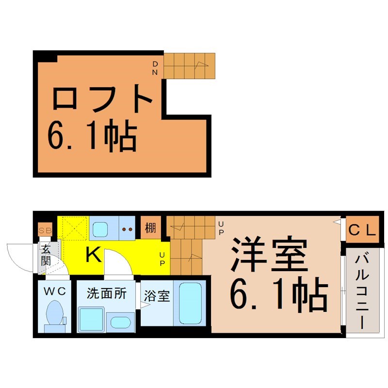 テラスサクラ瑞穂松園 間取図　洋室6.1帖　ロフト6.1帖　脱衣洗面所　バルコニー