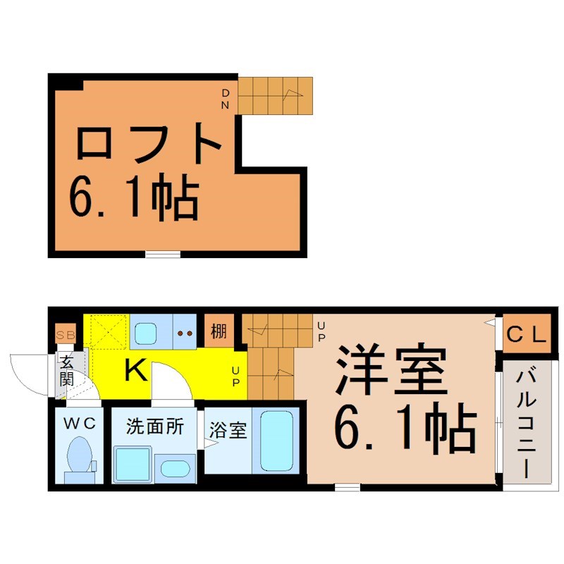 テラスサクラ瑞穂松園 間取図　洋室6.1帖　ロフト6.1帖　脱衣洗面所　バルコニー