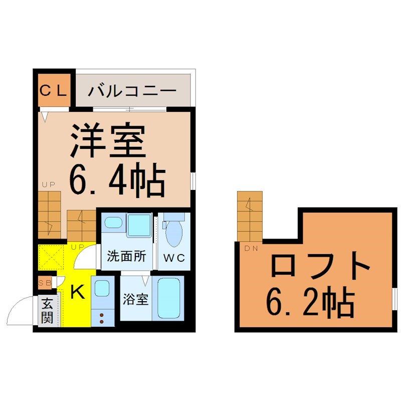 テラスサクラ瑞穂松園 間取図　洋室6.4帖　ロフト6.2帖　脱衣洗面所　バルコニー