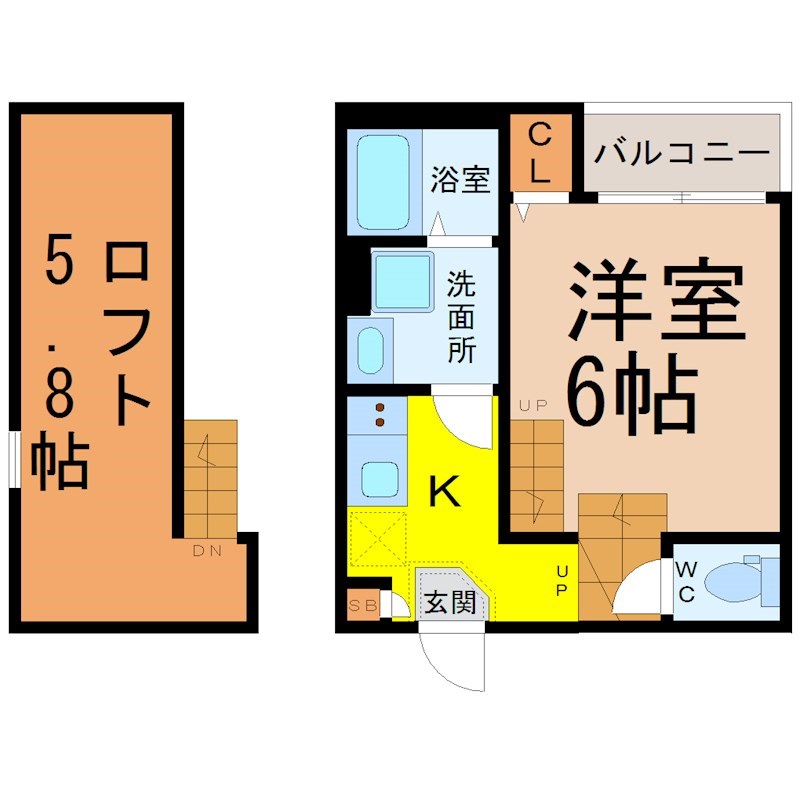 テラスサクラ瑞穂松園 間取図　洋室6帖　ロフト5.8帖　脱衣洗面所　バルコニー