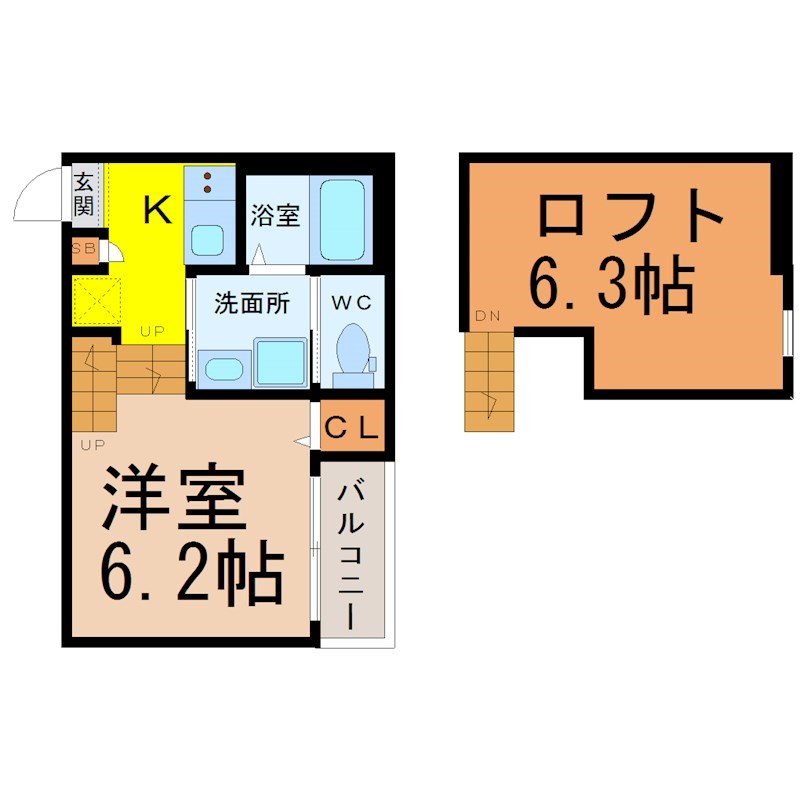 Ｔ－ＲｅｓｉｄｅｎｃｅIII 間取図　洋室6.2帖　ロフト6.3帖　脱衣洗面所　バルコニー