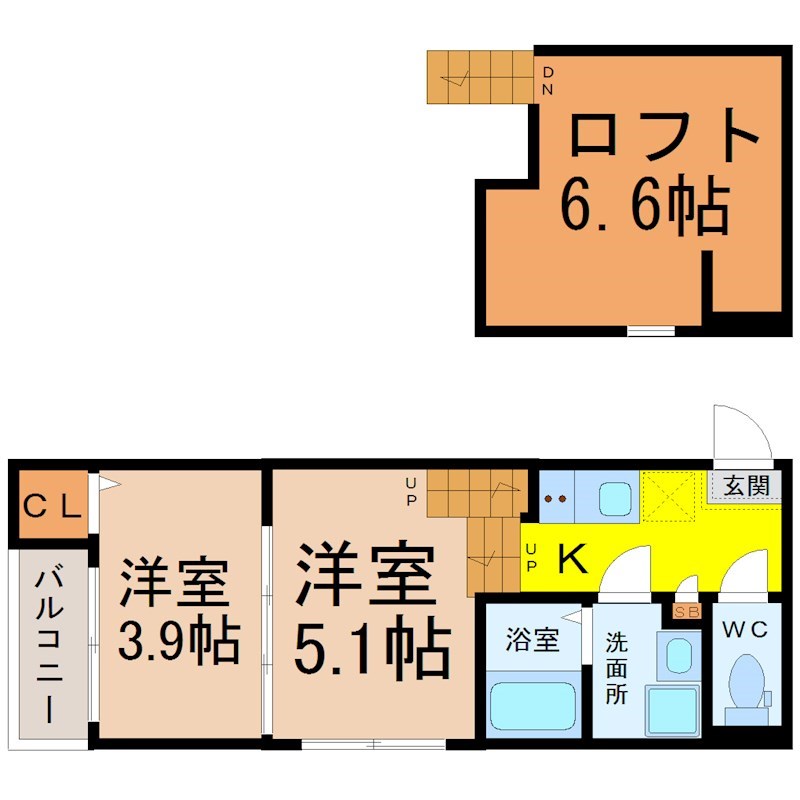 Ｔ－ＲｅｓｉｄｅｎｃｅIII 間取図　洋室5.1帖　洋室3.9帖　ロフト6.6帖