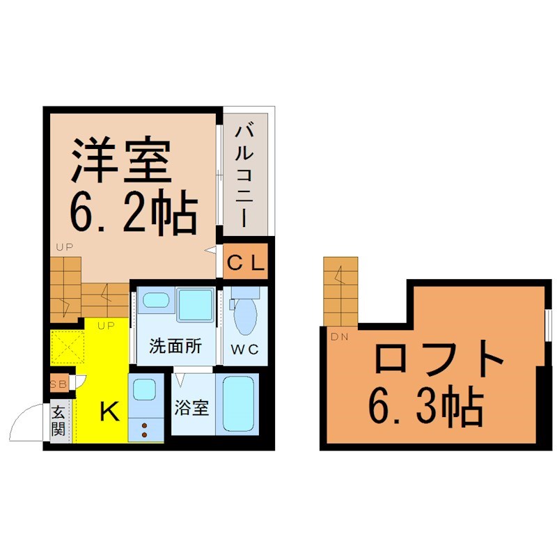 Ｔ－ＲｅｓｉｄｅｎｃｅIII 間取図　洋室6.2帖　ロフト6.3帖　脱衣洗面所　バルコニー