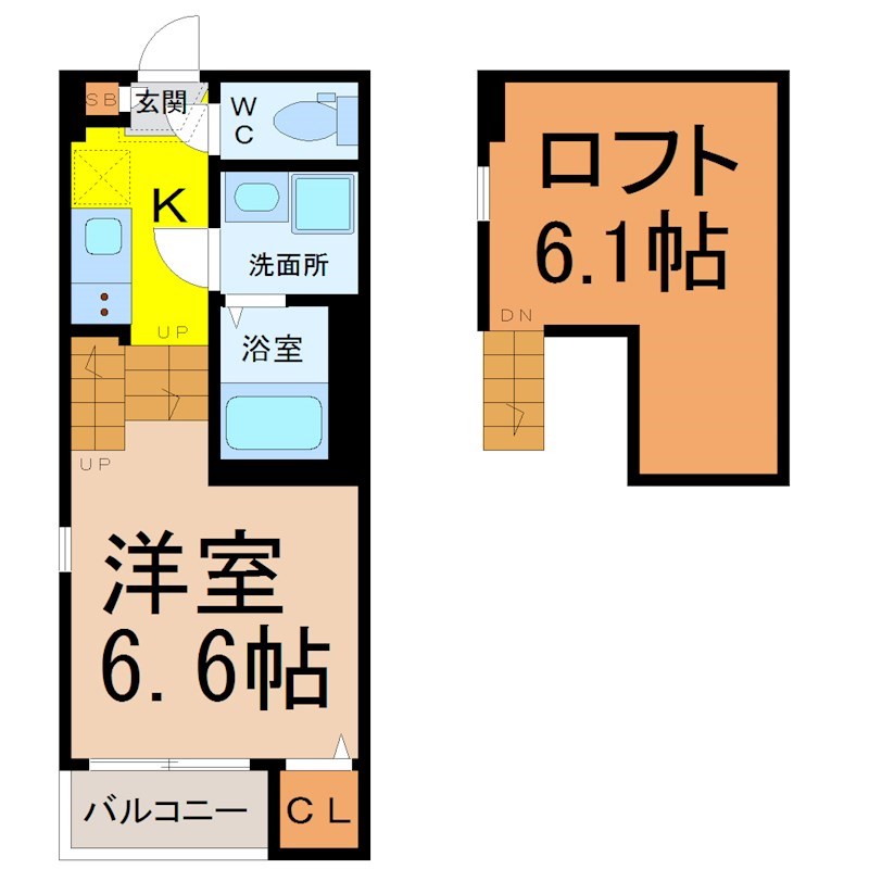 Ｔ－ＲｅｓｉｄｅｎｃｅIII 間取図　洋室6.6帖　ロフト6.1帖　脱衣洗面所　バルコニー