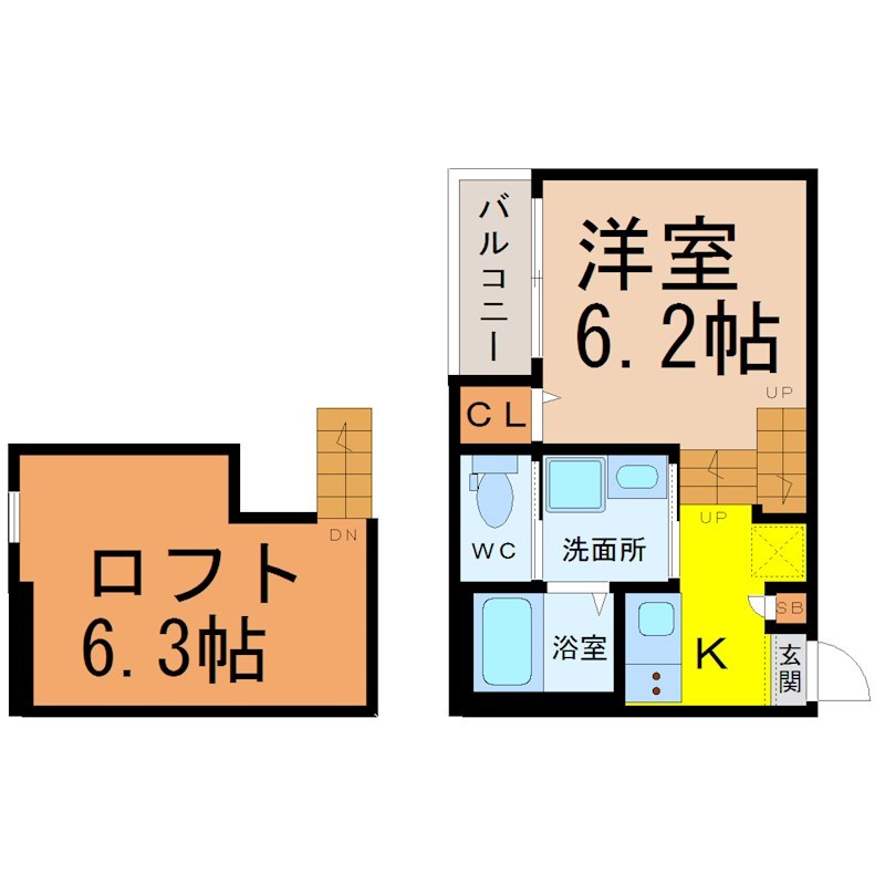 グラン新守山 間取図　洋室6.2帖　ロフト6.3帖　脱衣洗面所　バルコニー