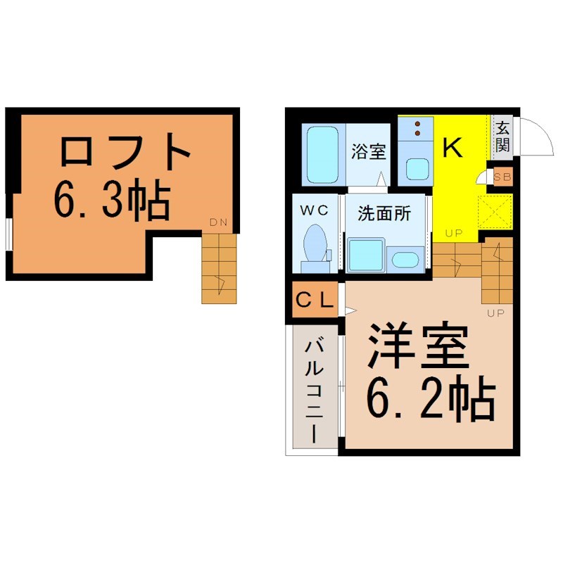 グラン新守山 間取図　洋室6.2帖　ロフト6.3帖　脱衣洗面所　バルコニー