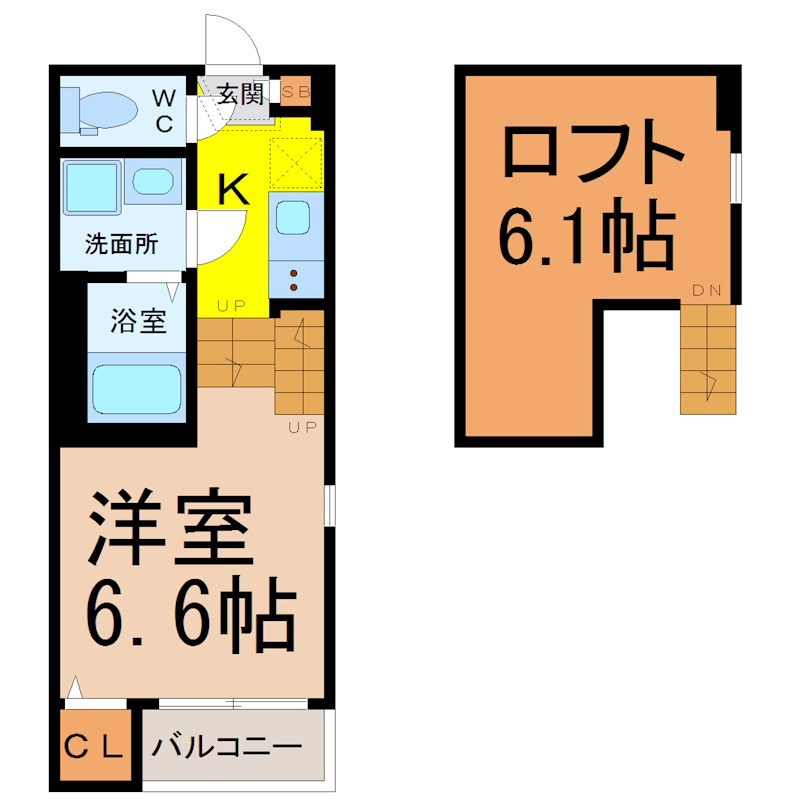 グラン新守山 間取図　洋室6.2帖　ロフト6.3帖　脱衣洗面所　バルコニー