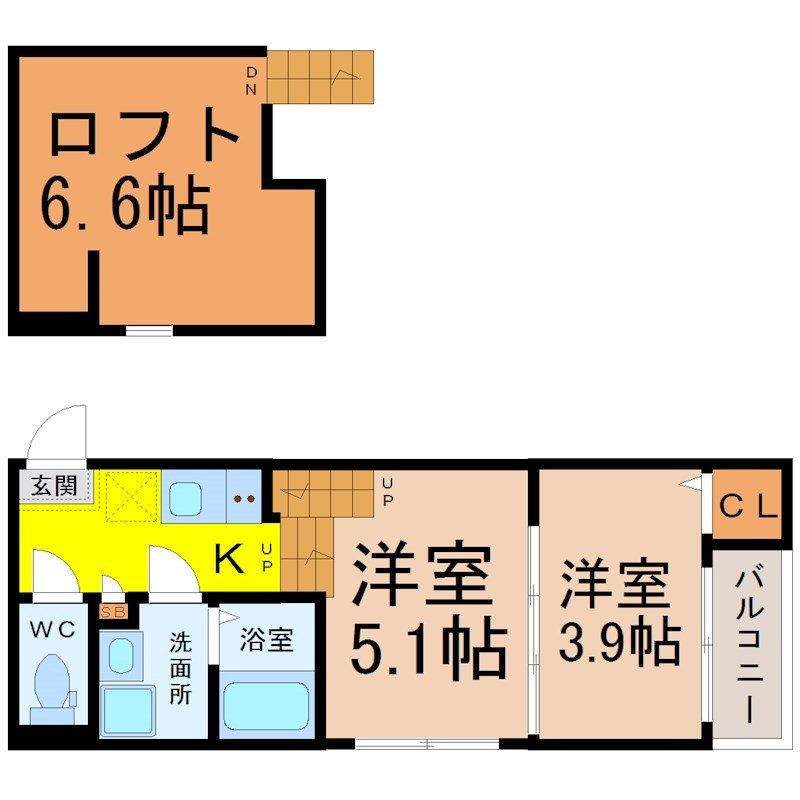 グラン新守山 間取図　洋室5.1帖　洋室3.9帖　ロフト6.6帖