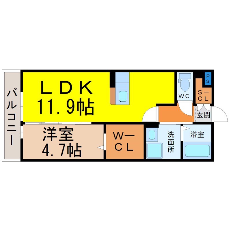 メゾン新守西 間取り　ＬＤＫ11.9帖　洋室4.7帖　南面バルコニー