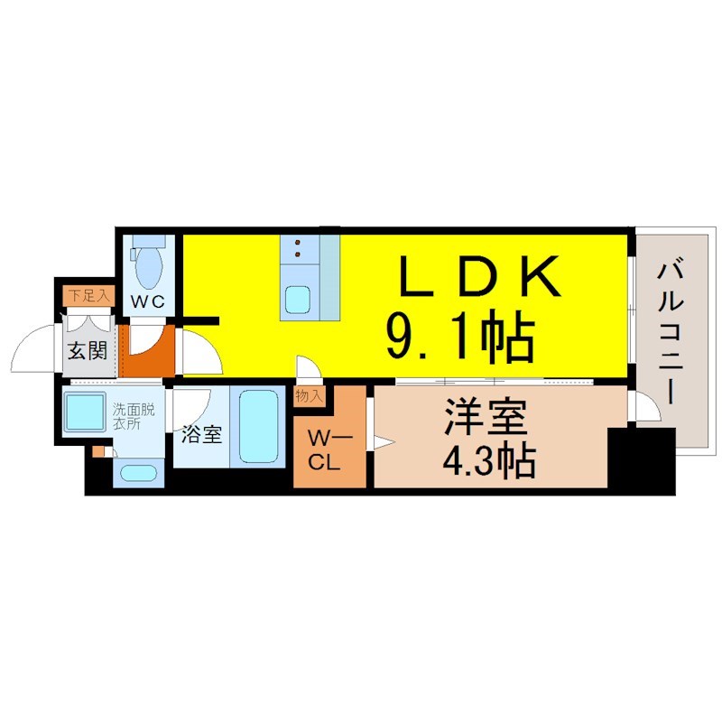 クレストコート泉一丁目 間取り　ＬＤＫ9.1帖　洋室4.3帖　脱衣洗面所