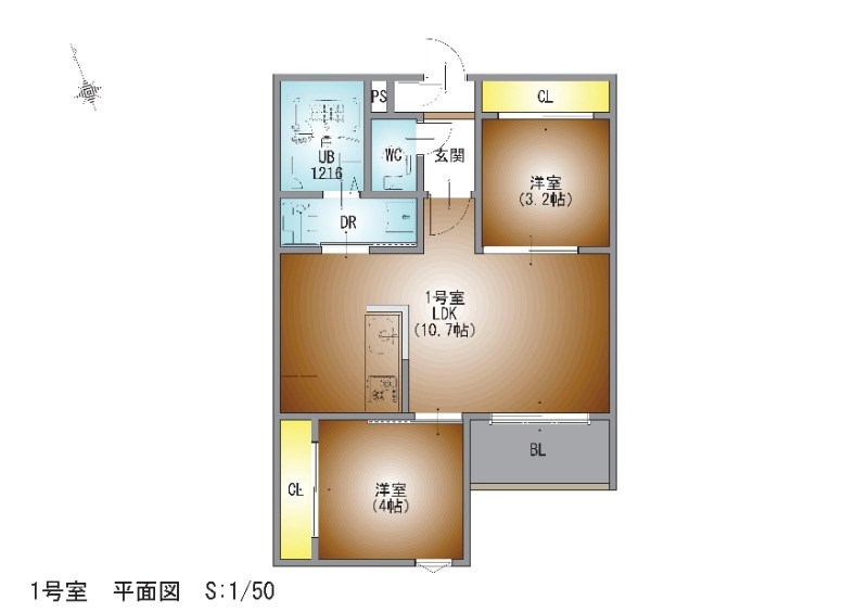 （仮称）ＲＥＧＡＬＥＳＴ道徳２ 間取図　ＬＤＫ10.7帖　脱衣洗面所　バルコニー