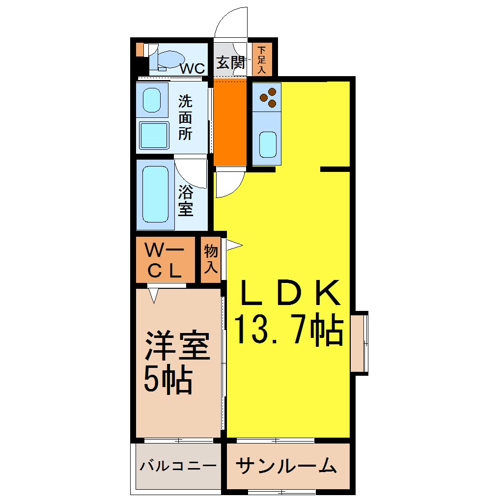 あいさきがけ 間取図　ＬＤＫ13.7帖　洋室5帖　ウォークインクローゼット