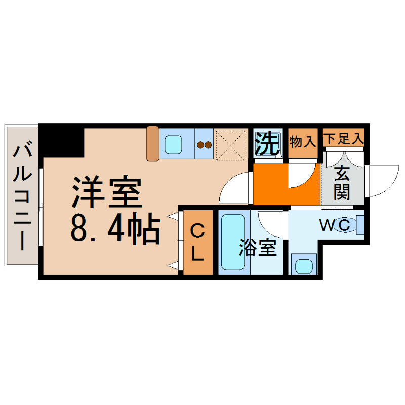 リヴシティ栄 間取図　洋室8.4帖　脱衣洗面所　バルコニー