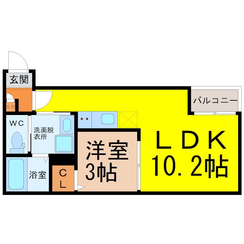 ステラ三吉町 間取図　ＬＤＫ10.2帖　洋室3帖　脱衣洗面所