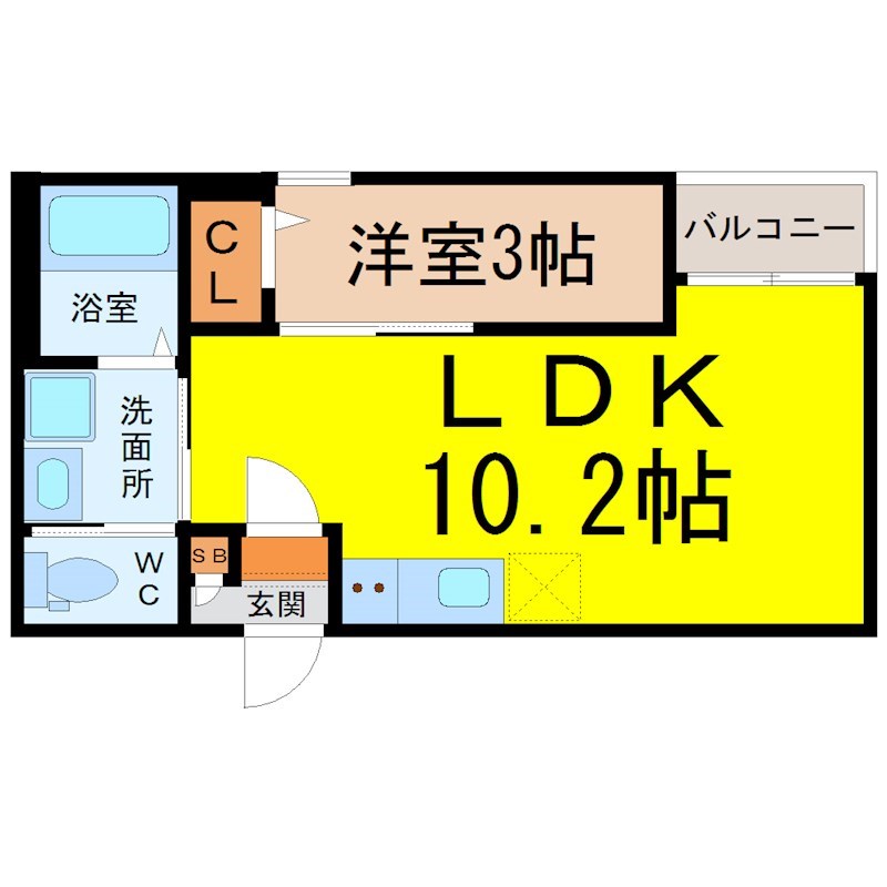 ステラ三吉町 間取図　ＬＤＫ10.2帖　洋室3帖　脱衣洗面所