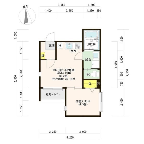 アルデバラン 間取図　ＬＤＫ8帖　洋室4.5帖　脱衣洗面所　バルコニー