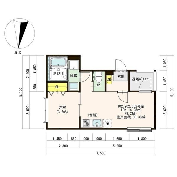 アウルテラス庄内緑地公園 間取図　ＬＤＫ9.2帖　洋室3.6帖　脱衣洗面所　バルコニー