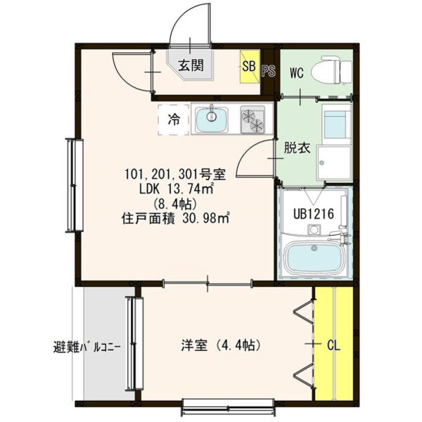 ＹＬグランメゾンＭ 間取図　ＬＤＫ8.4帖　洋室4.4帖　脱衣洗面所