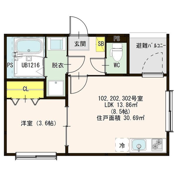 ＹＬグランメゾンＭ 間取図　ＬＤＫ8.5帖　洋室3.6帖　脱衣洗面所
