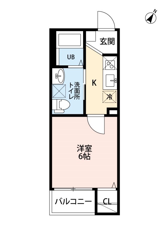 T.A 柵下町2丁目 間取図　洋室6帖　脱衣洗面所　クローゼット付　バルコニー