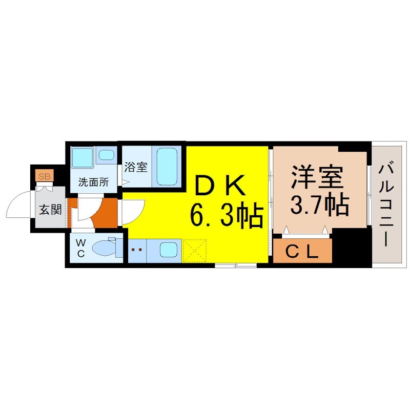 エスリードレジデンス東別院マークス 間取図　ＤＫ6.3帖　洋室3.7帖　脱衣洗面所　バルコニー