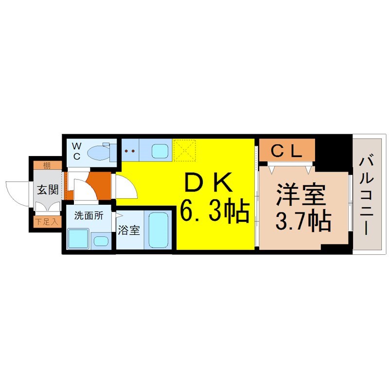 エスリードレジデンス東別院マークス 間取図　ＤＫ6.3帖　洋室3.7帖　脱衣洗面所　バルコニー