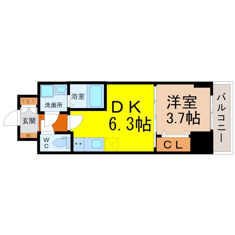 エスリードレジデンス東別院マークス 間取図　ＤＫ6.3帖　洋室3.7帖　脱衣洗面所　バルコニー